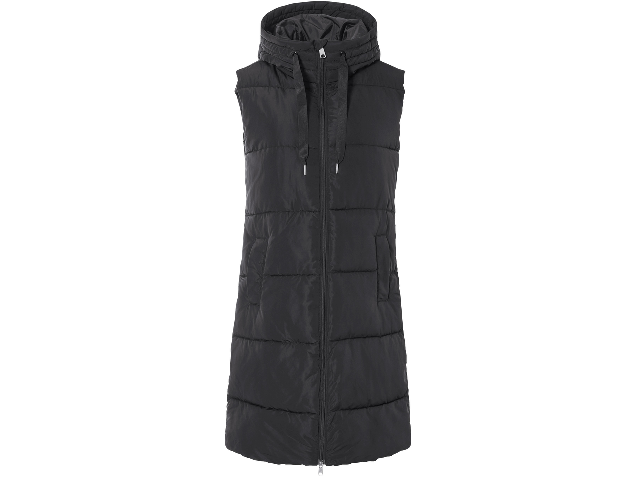 Hosszú, fekete, steppelt mellény kapucnival és cipzárral.