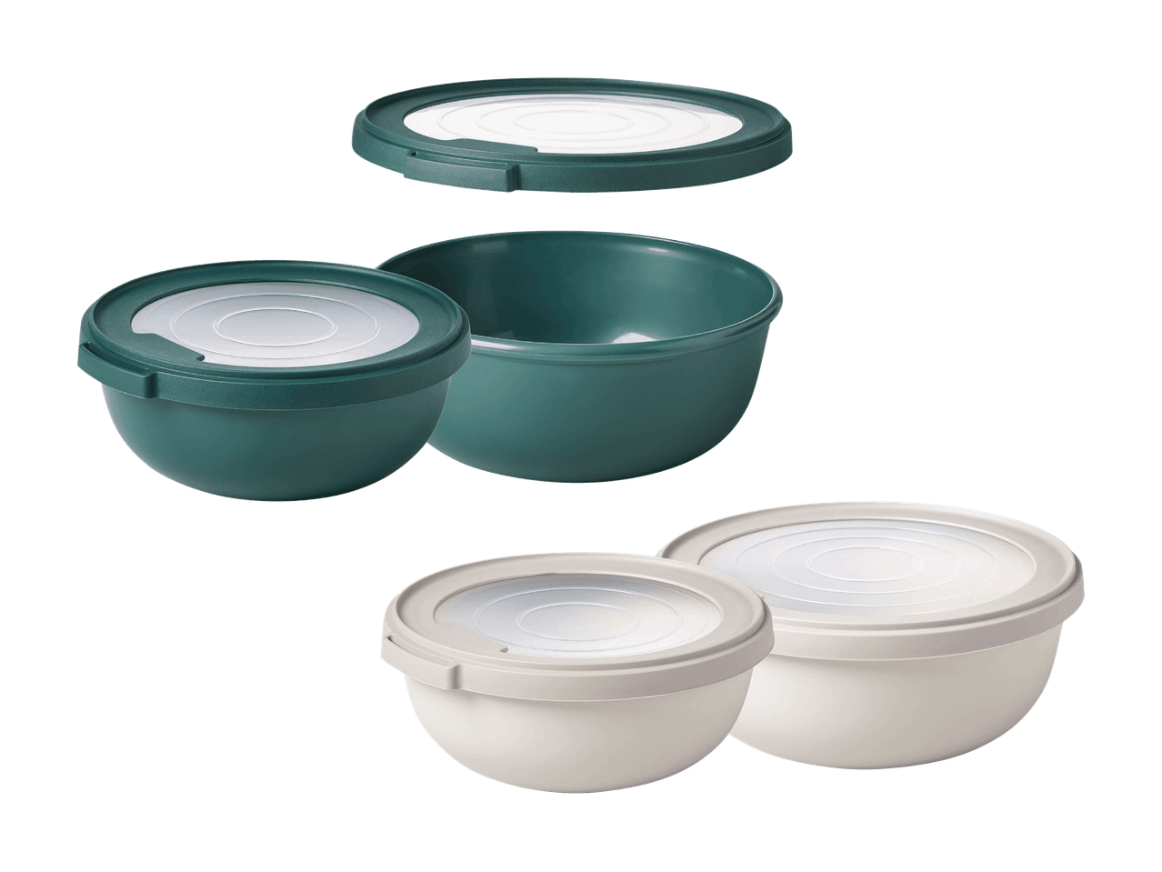 Ensemble de bols de conservation ronds en plastique vert foncé et beige avec couvercles