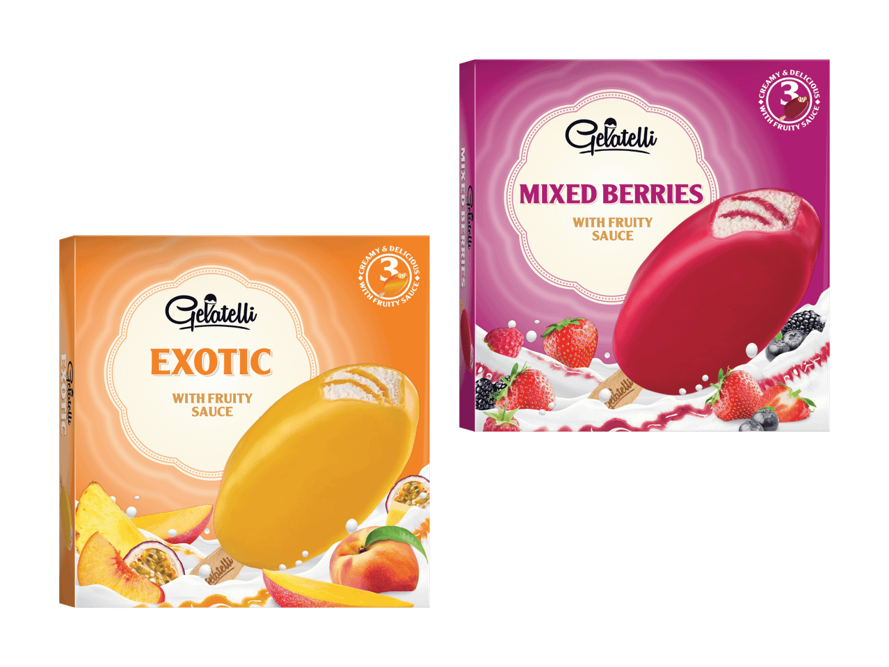 Zwei Eiscreme-Boxen, eine mit exotischen Früchten und eine mit gemischten Beeren.