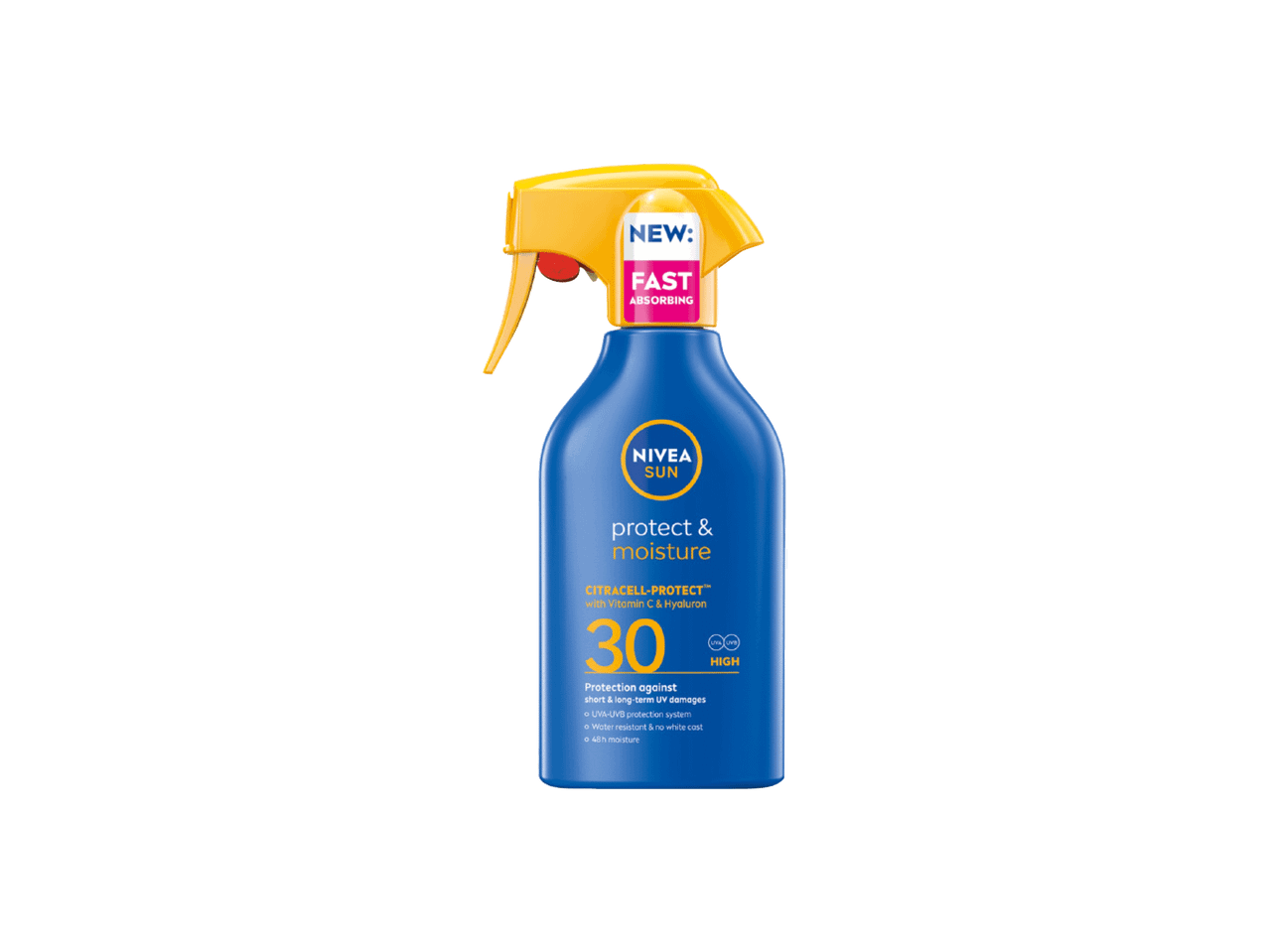 Plavi sprej za zaštitu od sunca sa žutim raspršivačem, SPF 30, sa natpisom 'protect & moisture'.