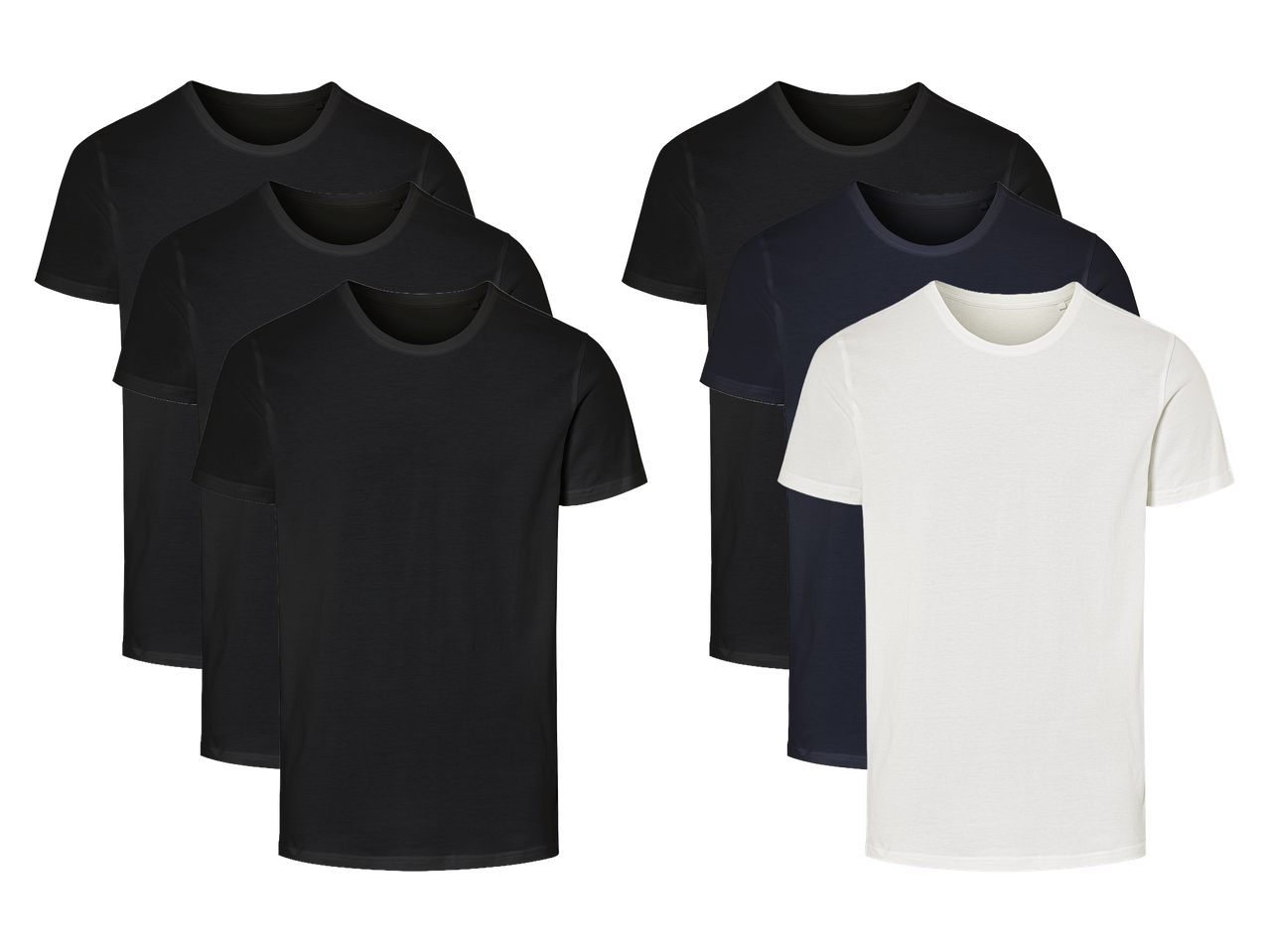 Šest muških majica kratkih rukava u crnoj, tamnoplavoj i bijeloj boji.