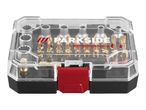 A set of screwdriver bits and sockets in a clear case with a red clasp, featuring gold-colored bits.