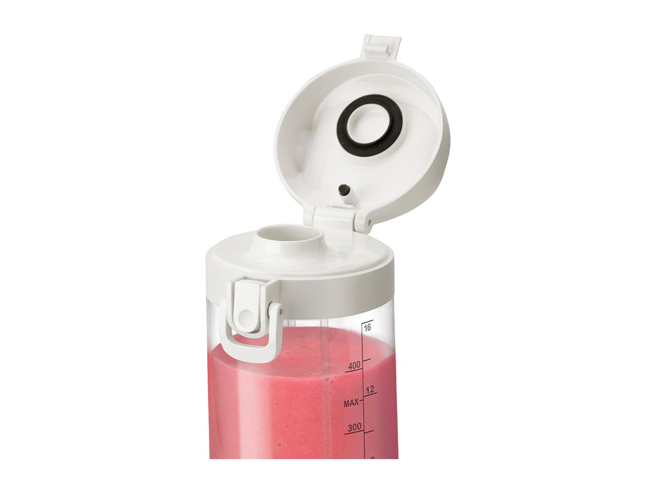 A close-up shows a white plastic bottle with a pink liquid inside and a flip-top lid.