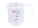 Clear plastic measuring jug with red, blue, and green markings for flour, sugar, and milliliters.