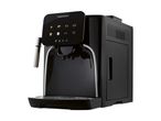 Black automatic coffee machine with a touchscreen display showing various coffee options.