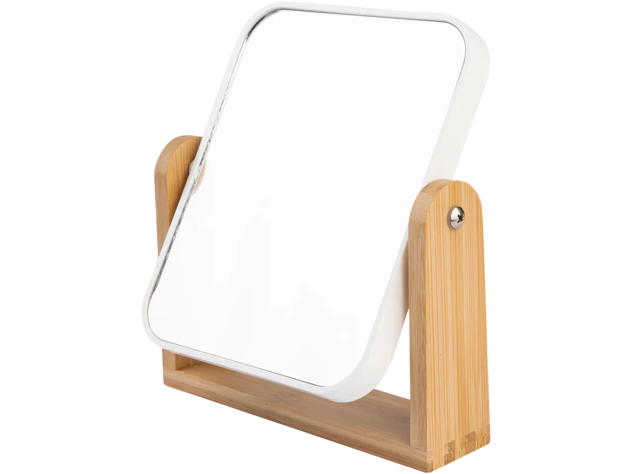 LIVARNO stolno ogledalo s bijelim okvirom i postoljem od prirodnog drva.