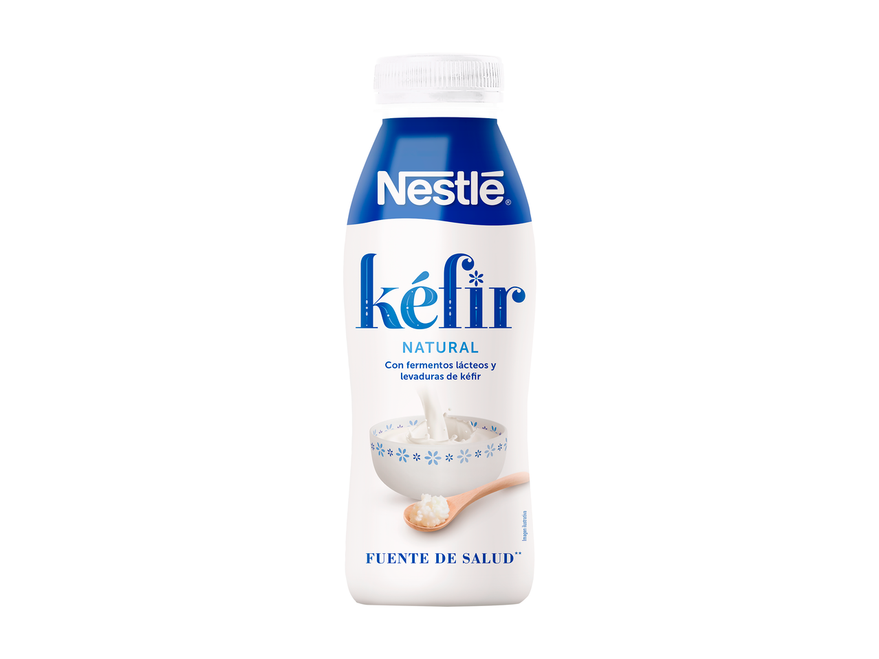 Garrafa de Nestlé Kéfir Natural com fermentos lácteos e leveduras de kéfir.