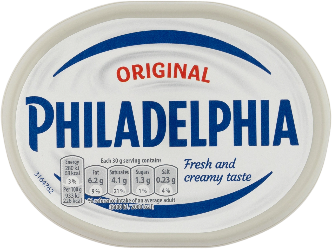 Philadelphia Original cream cheese tub with nutritional information.