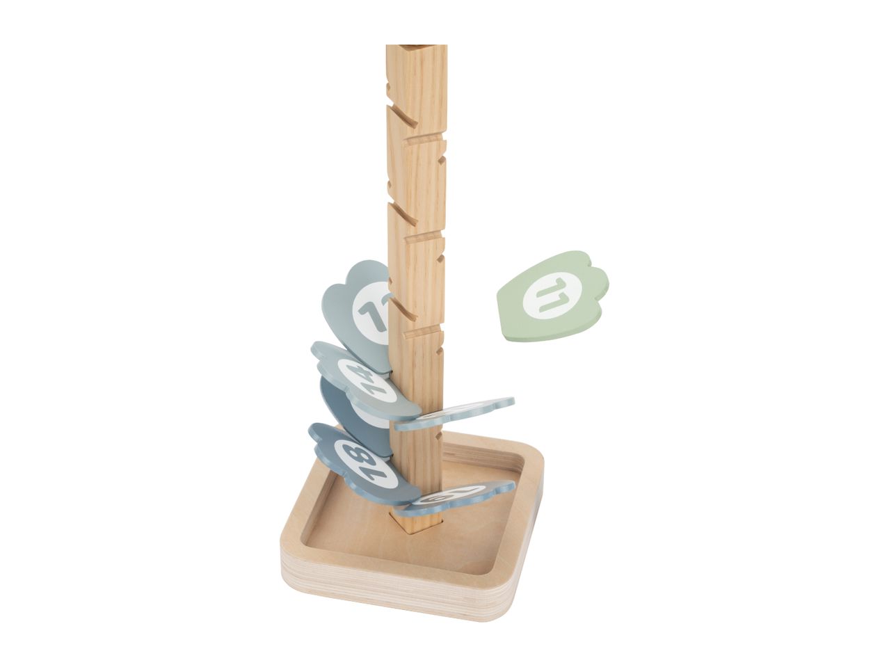 Wooden marble run with light blue and green numbered leaf-shaped pieces, one piece floating.
