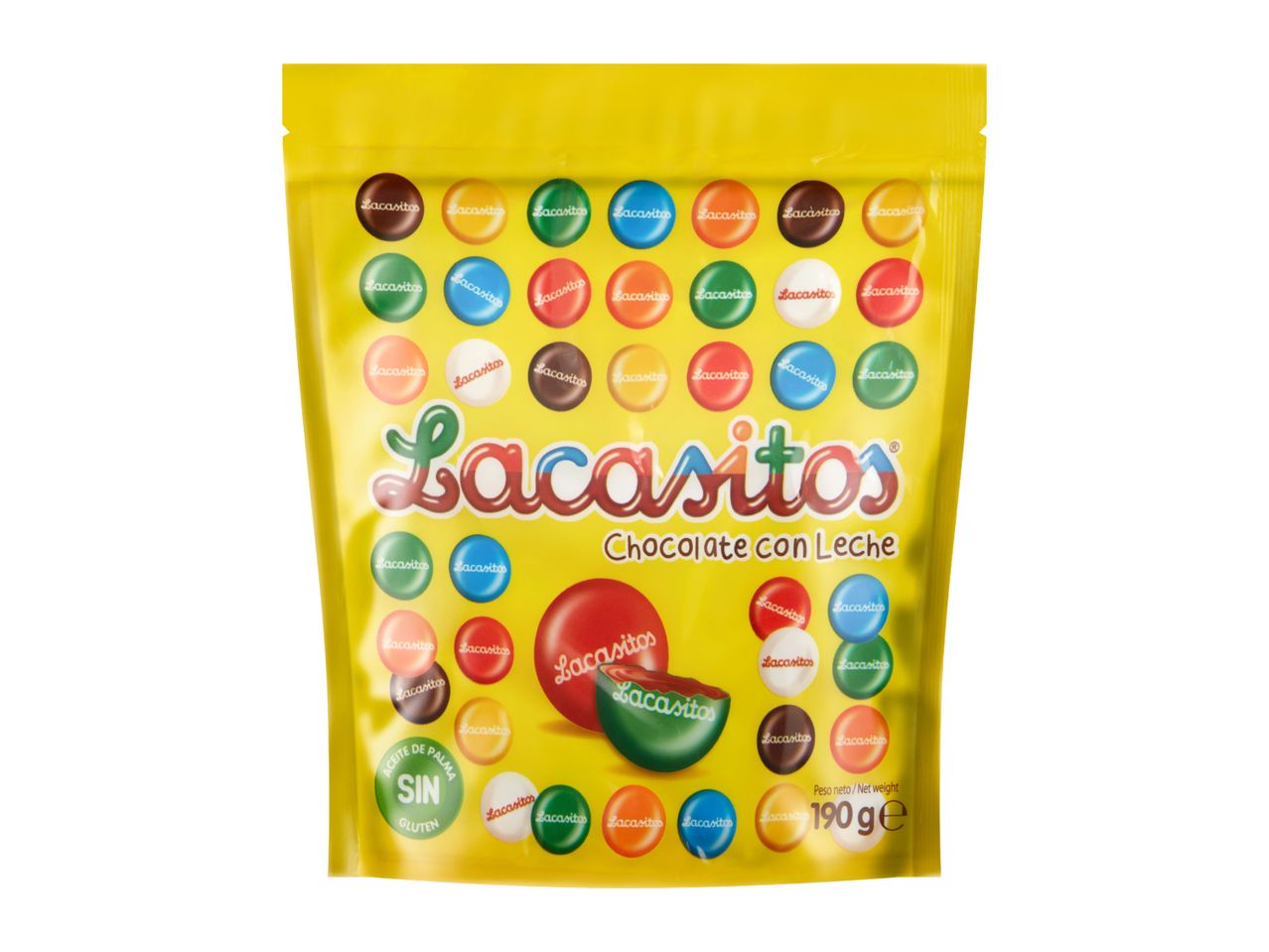Yellow bag of milk chocolate candies with colorful shells, some showing the chocolate inside, 190g.