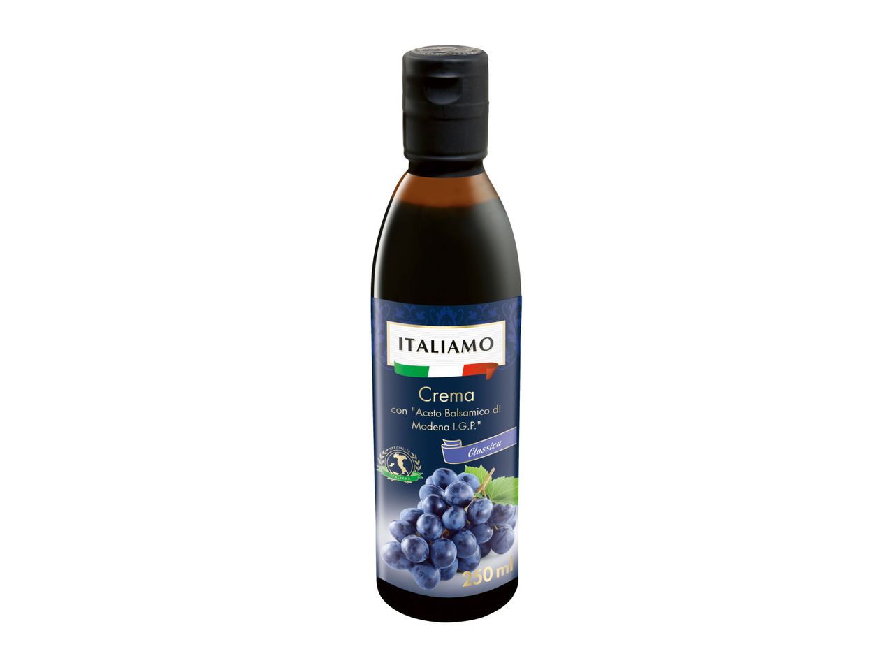 A bottle of Italian Crema Balsamic Glaze with grapes on the label.