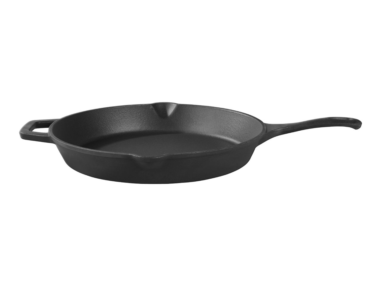 Black cast iron skillet with a handle and an auxiliary handle