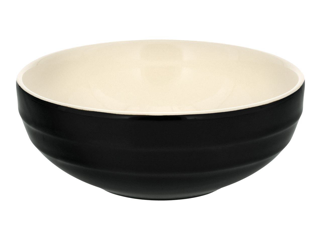 Black ceramic bowl with a cream-colored interior, isolated on a white background.