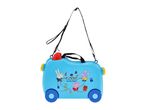 Blue children's ride-on suitcase with cartoon animals and 'Cool Adventures' text.
