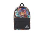 A Vans-branded backpack with a colorful, sticker-covered design.