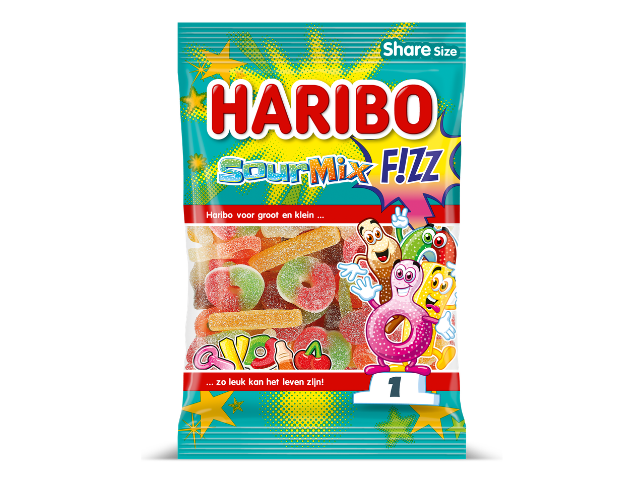 Een zak zure snoepjes met de tekst 'Share Size' en 'Haribo voor groot en klein ... zo leuk kan het leven zijn!'