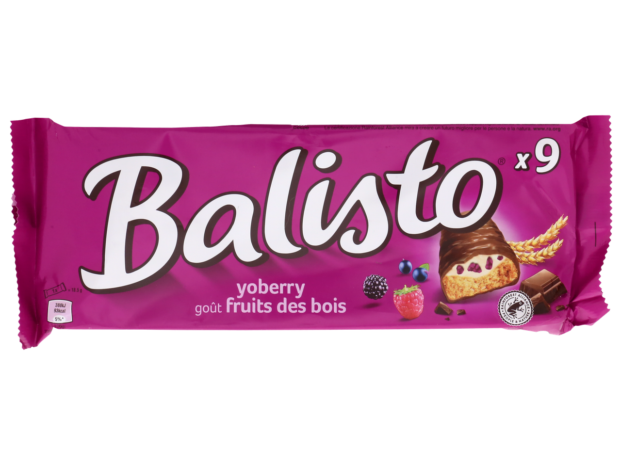 Barres de céréales aux fruits des bois et au chocolat, emballage violet, 9 barres.