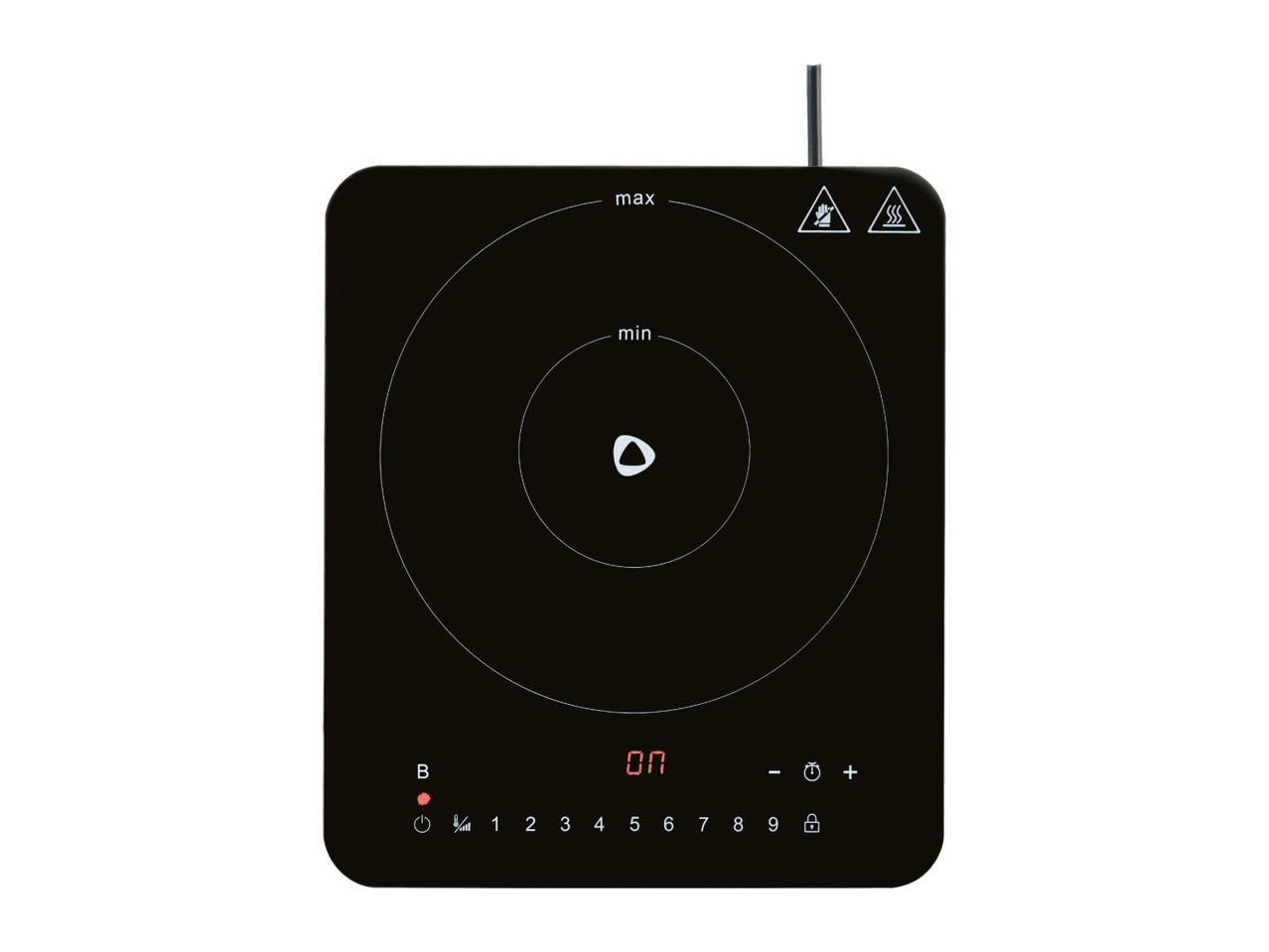 Black induction hob with touch controls and digital display showing 'ON'