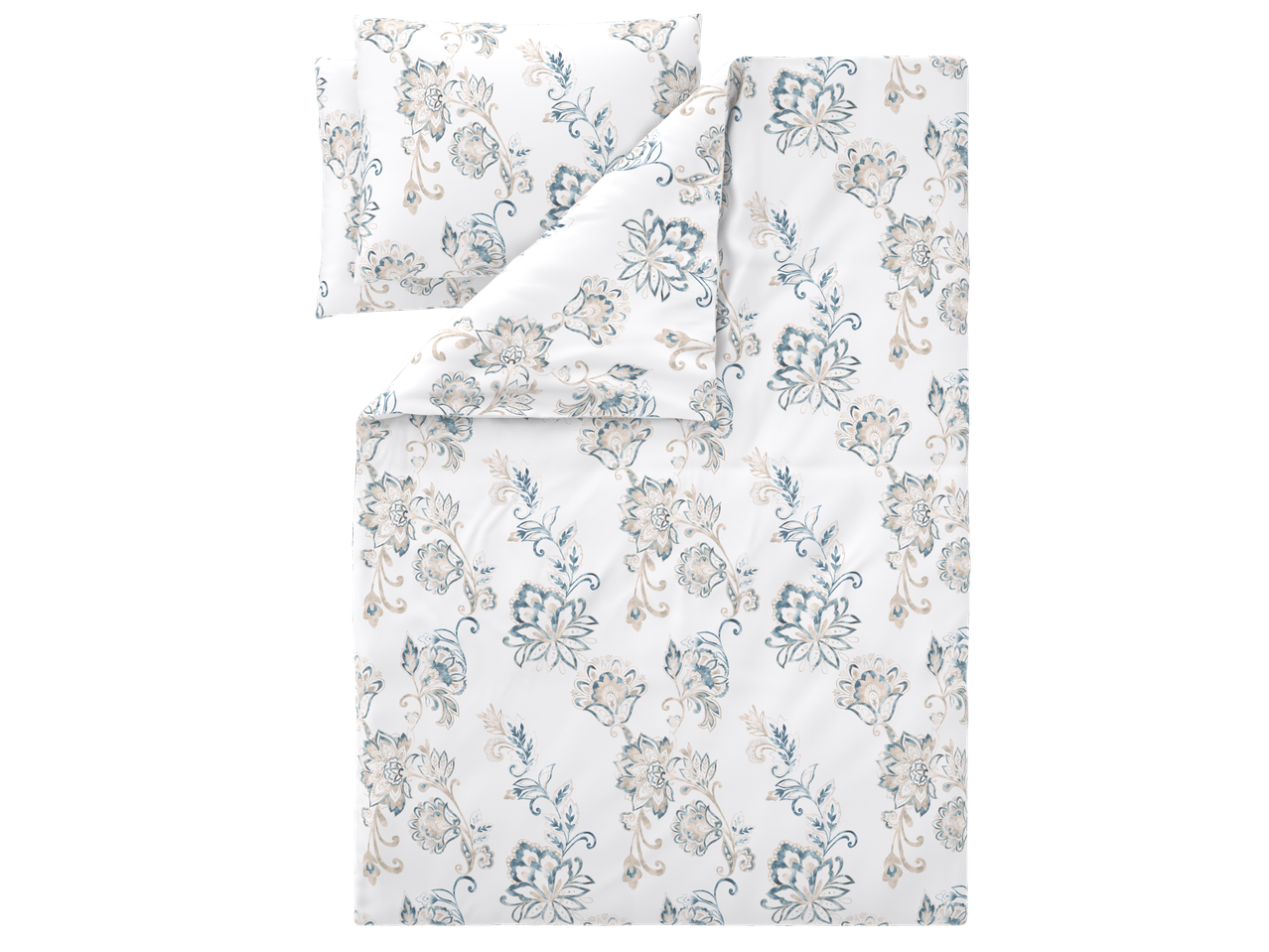 Balts gultas veļas komplekts ar zilu un smilškrāsas ziedu rakstu.