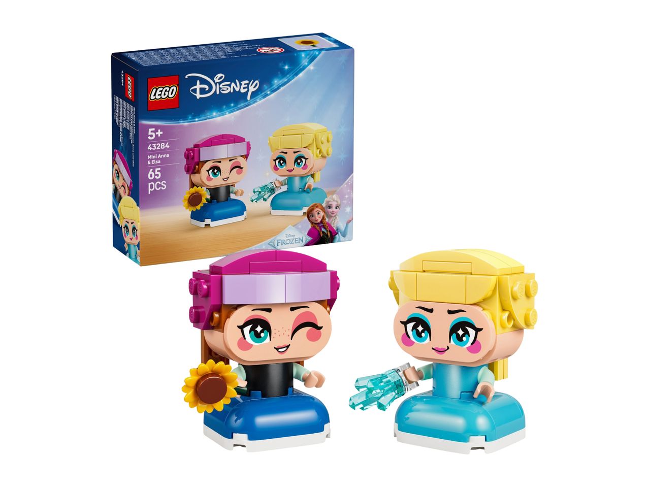 A box for a toy set featuring two mini-figures of animated princesses, Anna and Elsa, with accessories.