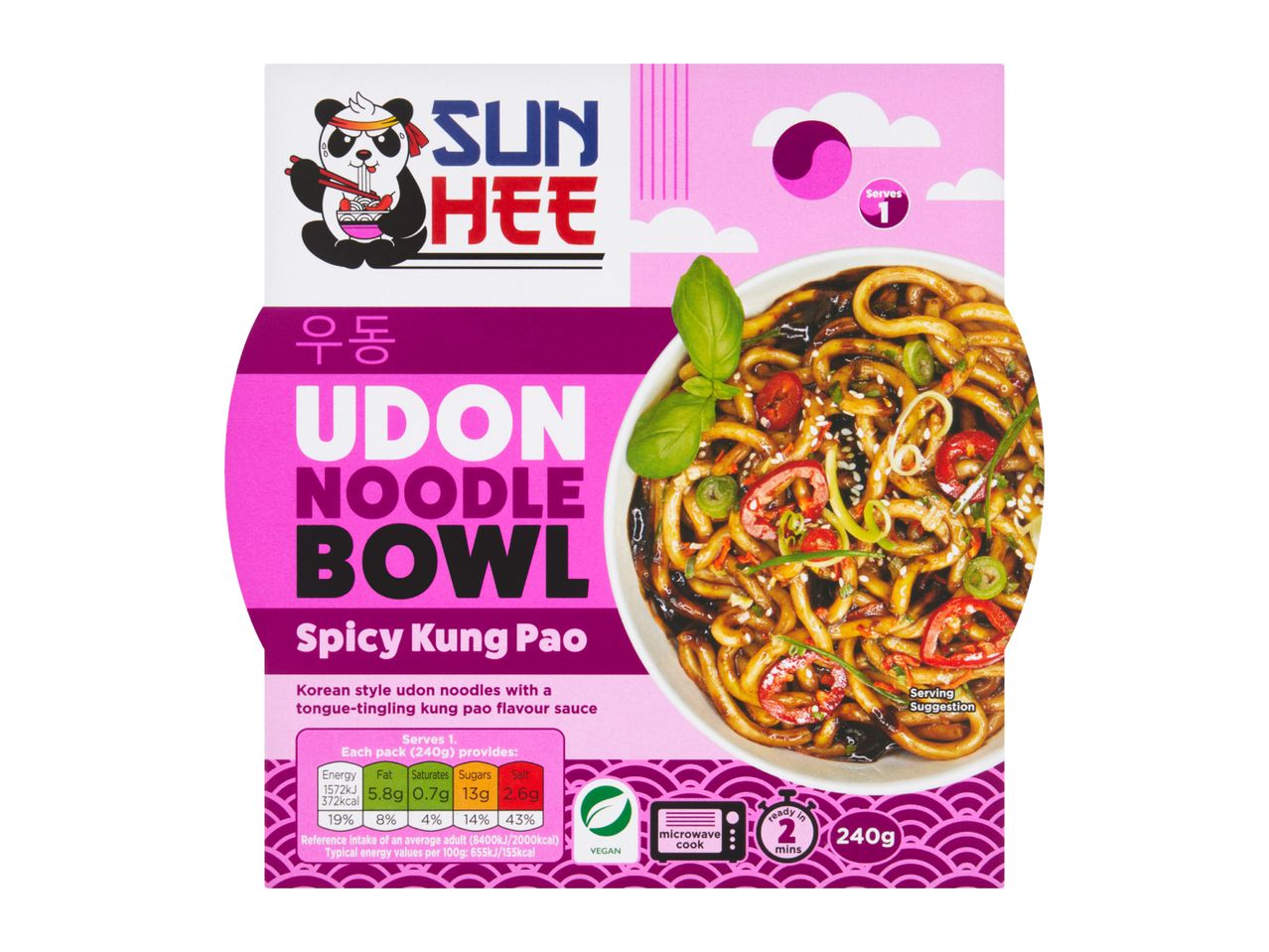 Udon noodle bowl with spicy Kung Pao flavor, showing nutritional information and cooking instructions.