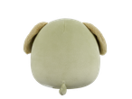 Green plush toy with brown ears and tail, seen from behind.