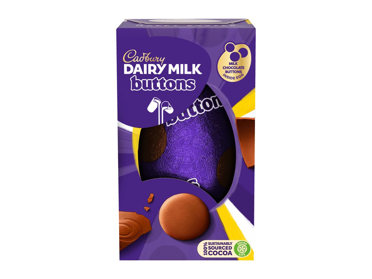 Purple chocolate egg box with milk chocolate buttons and a chocolate egg inside.