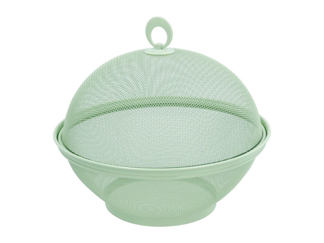 Light green mesh food cover with a handle, designed to protect food.