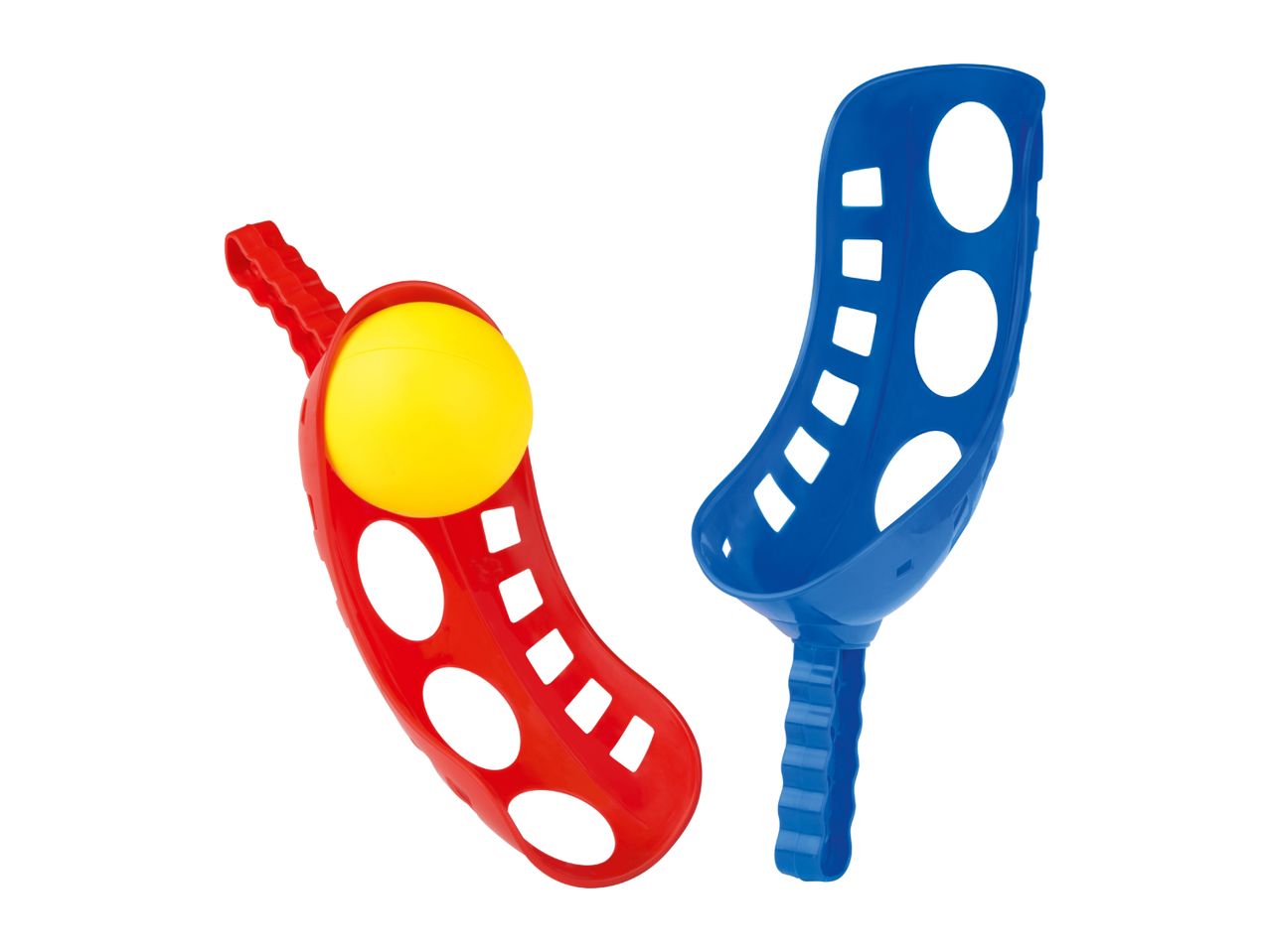 Red and blue scoop ball game with a yellow ball, isolated on a white background.