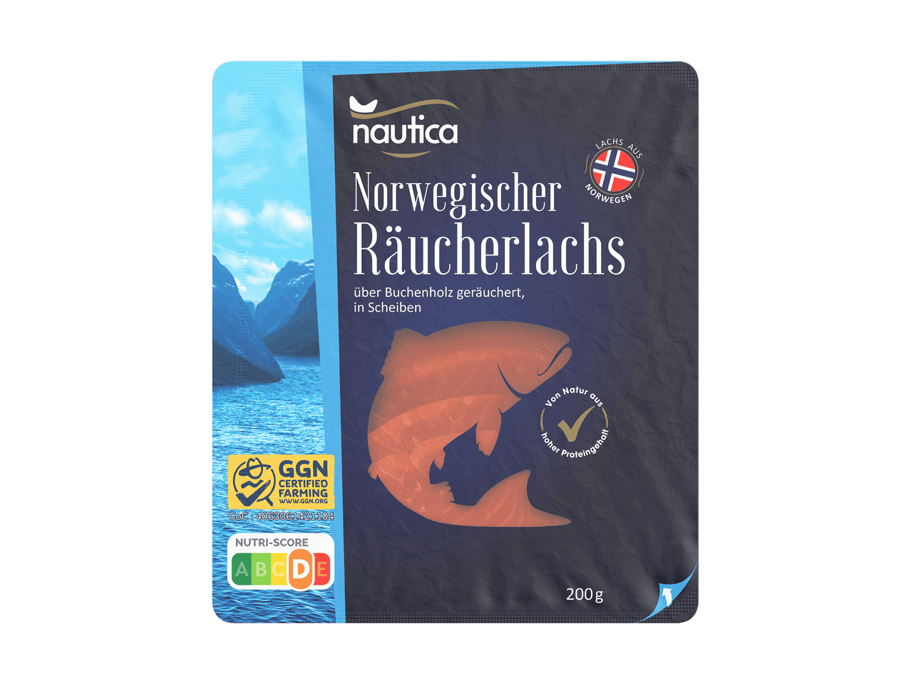 Nautica Norwegischer Räucherlachs, über Buchenholz geräuchert, in Scheiben, 200g Packung
