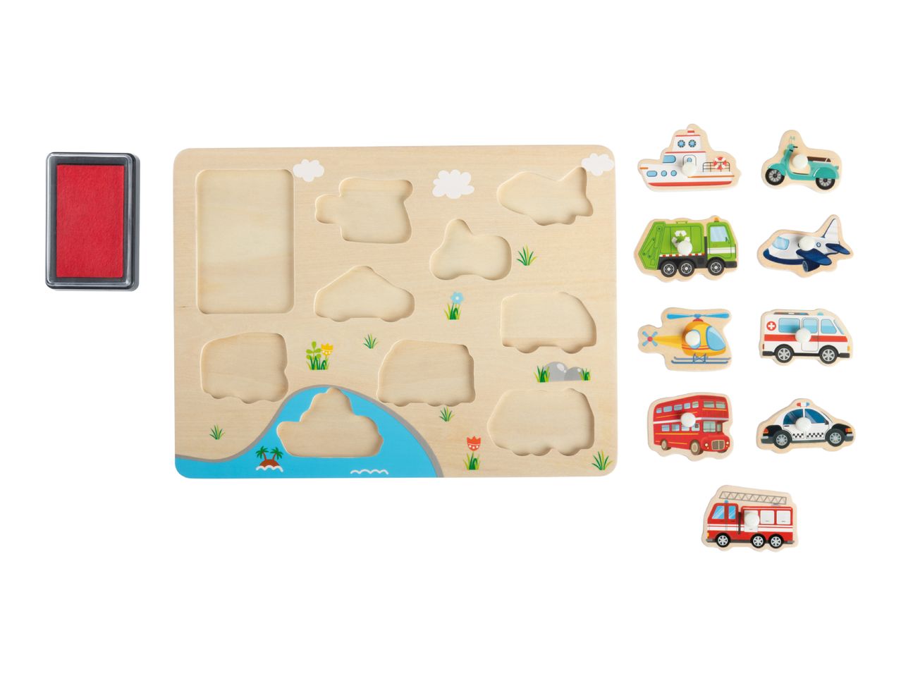Wooden puzzle board with various vehicle shapes and a red ink pad.
