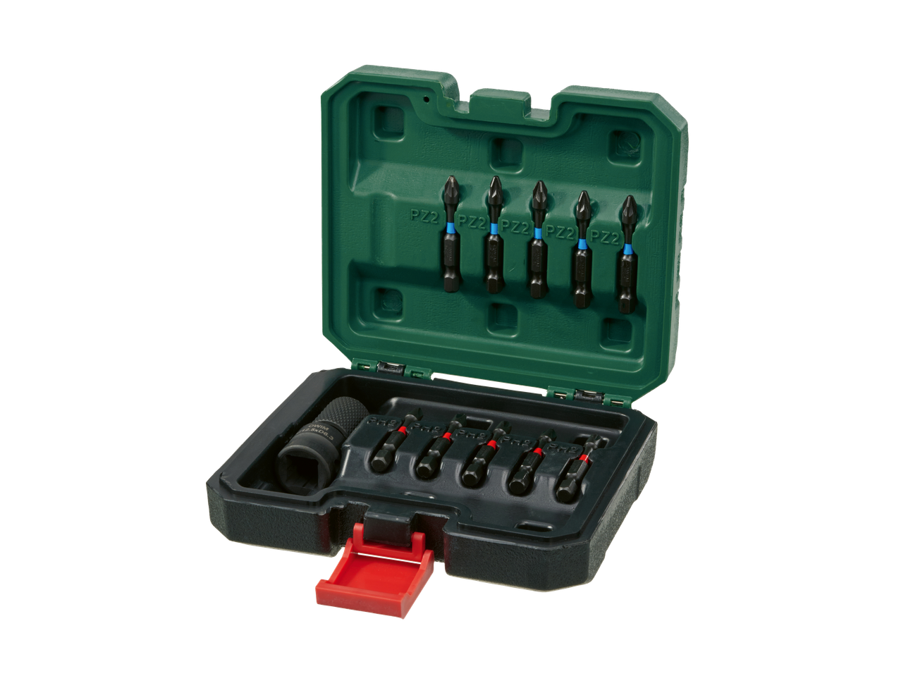 PARKSIDE instrumentu komplekts ar PZ2 un PH2 skrūvgriežu uzgaļiem un uzgriežņu atslēgas adapteri.