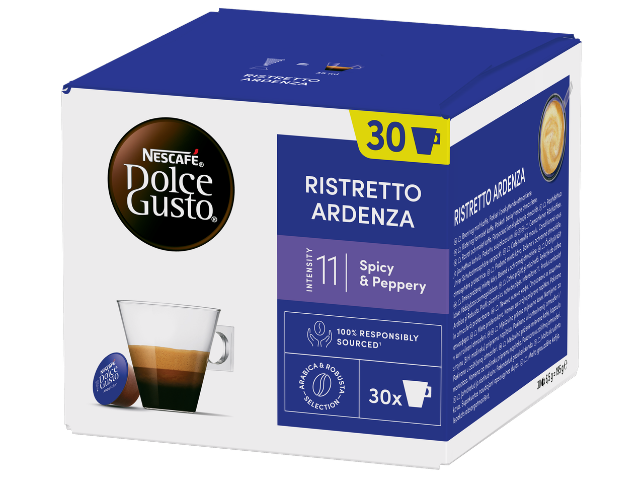 Кутия с 30 капсули кафе Ristretto Ardenza, с интензитет 11, пикантен и пиперлив вкус.