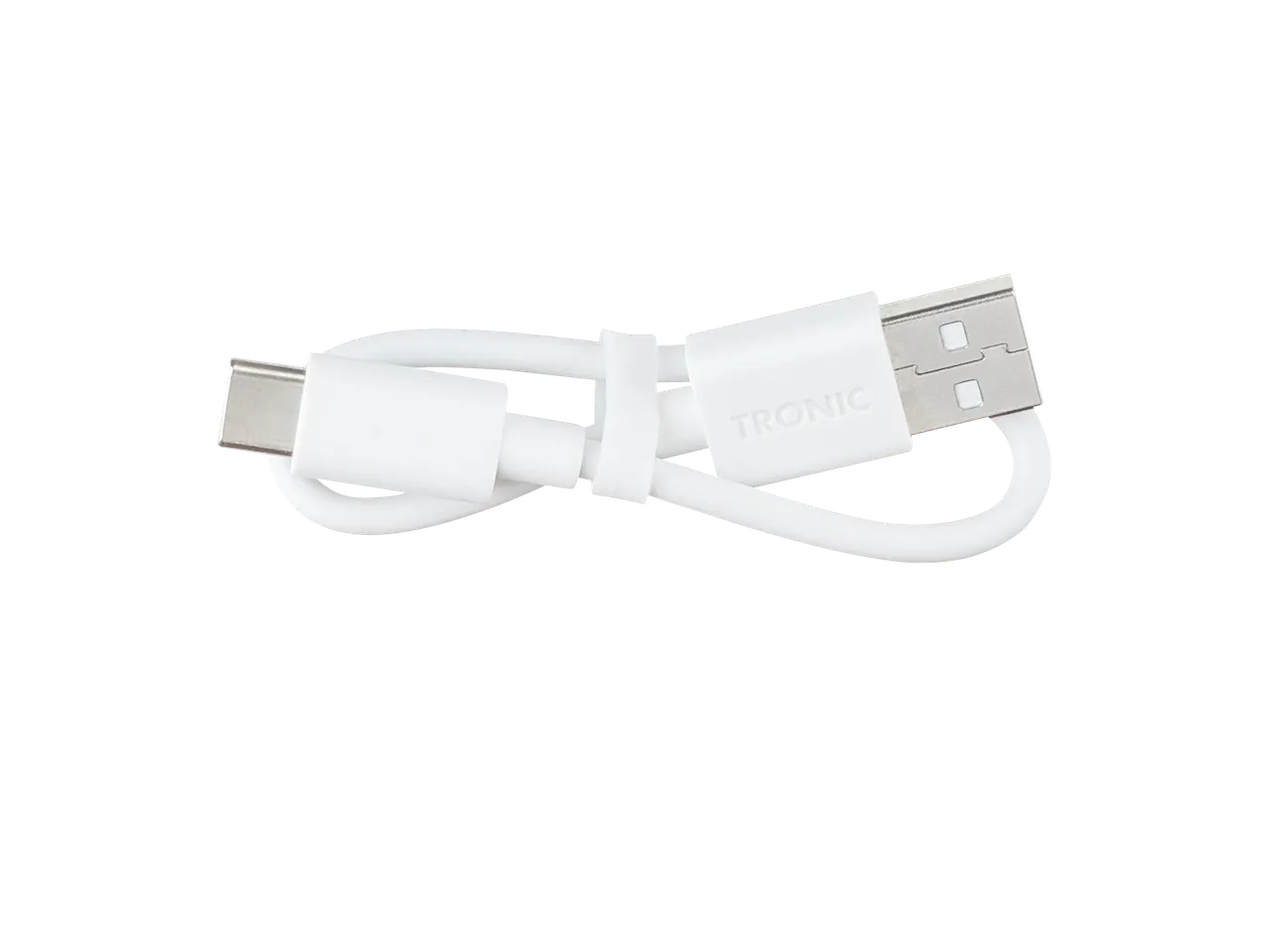A white TRONIC USB-C to USB-A cable is neatly coiled.