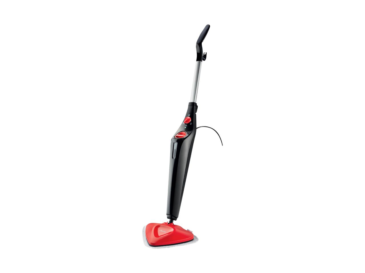 Black and red steam mop with a triangular head and a long handle.