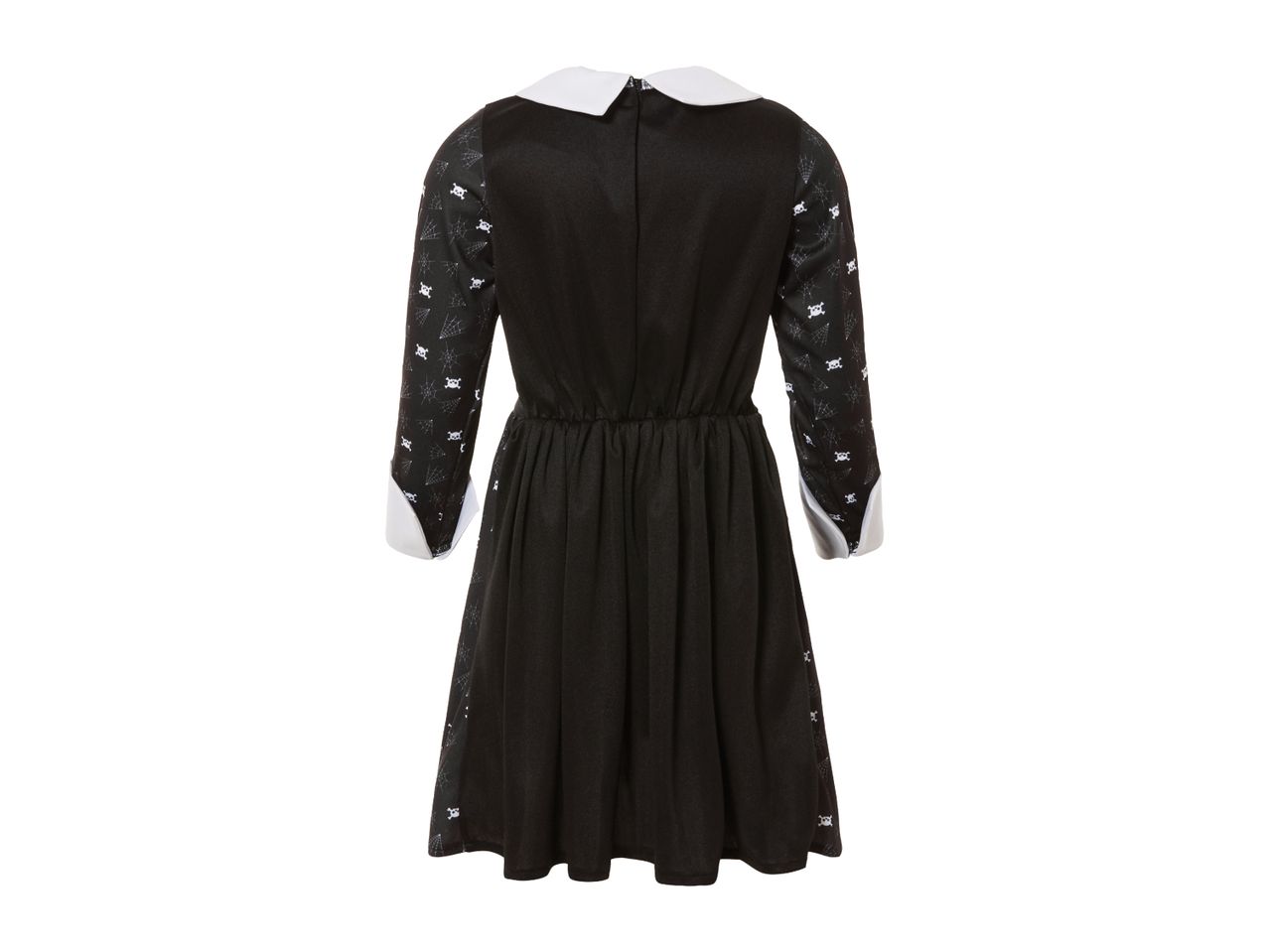 Black dress with white collar and cuffs, featuring skull and spiderweb patterns on the sleeves and skirt.