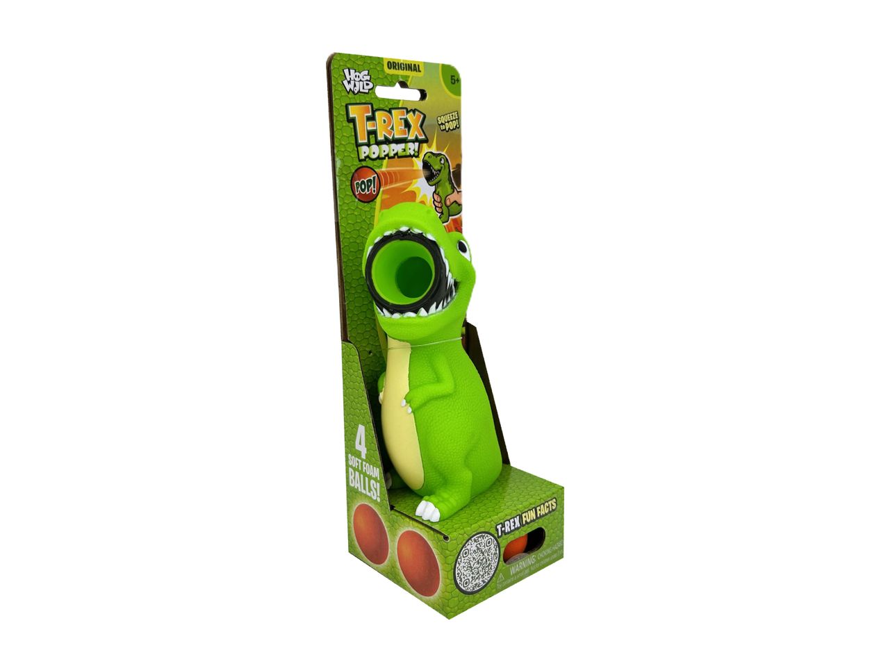 Green T-Rex popper toy with 4 soft foam balls, packaged in a box with “T-REX FUN FACTS” and “SQUEEZE to POP!” text.