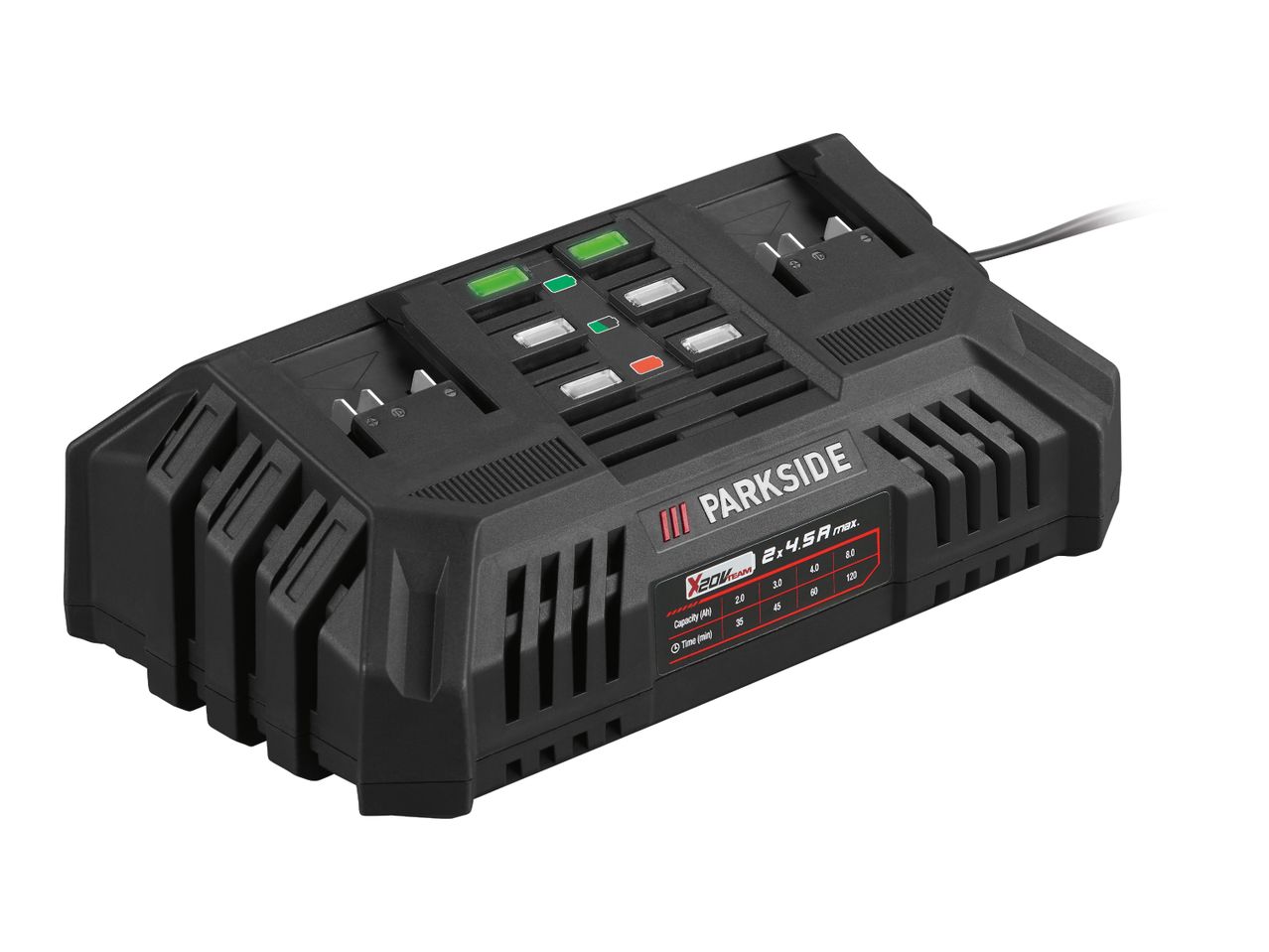 Black dual battery charger with green and red indicator lights and a charging time table.
