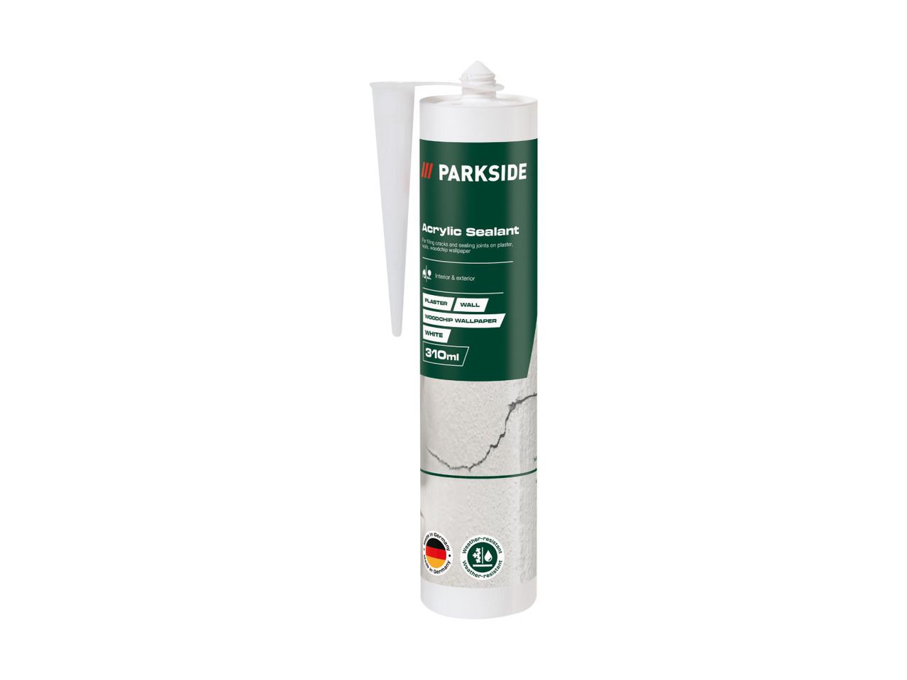 White acrylic sealant for filling cracks and sealing joints on plaster, walls, and woodchip wallpaper.