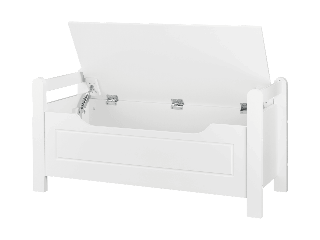 Banc de rangement blanc en bois avec couvercle ouvert et charnières visibles.