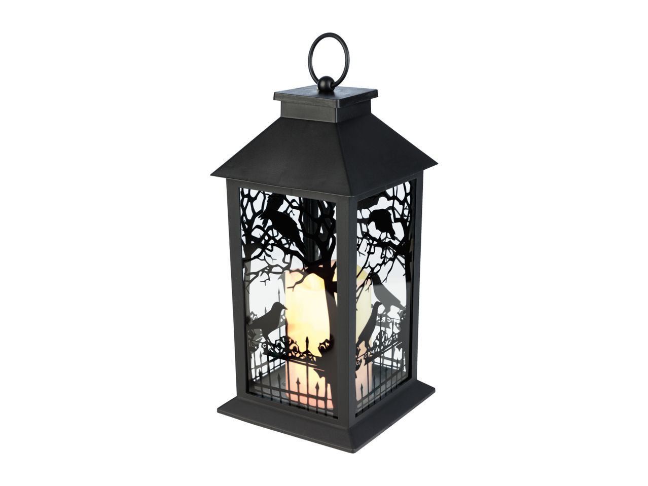 Black Halloween lantern with crow and tree silhouette design and a flickering candle inside