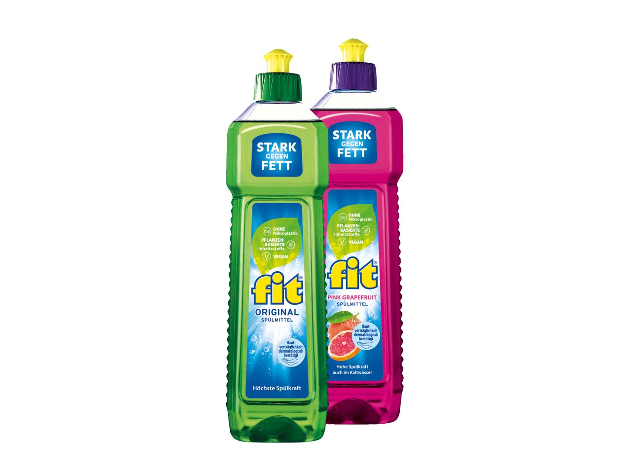 Zwei Fit Spülmittelflaschen, eine grün (Original), eine pink (Pink Grapefruit), mit starken Fettlöseeigenschaften.