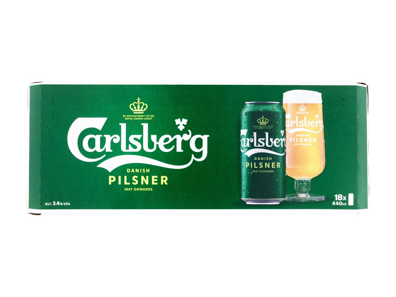 Carlsberg Danish Pilsner 18-pack of 440ml cans, 3.4% ABV, on a green background.