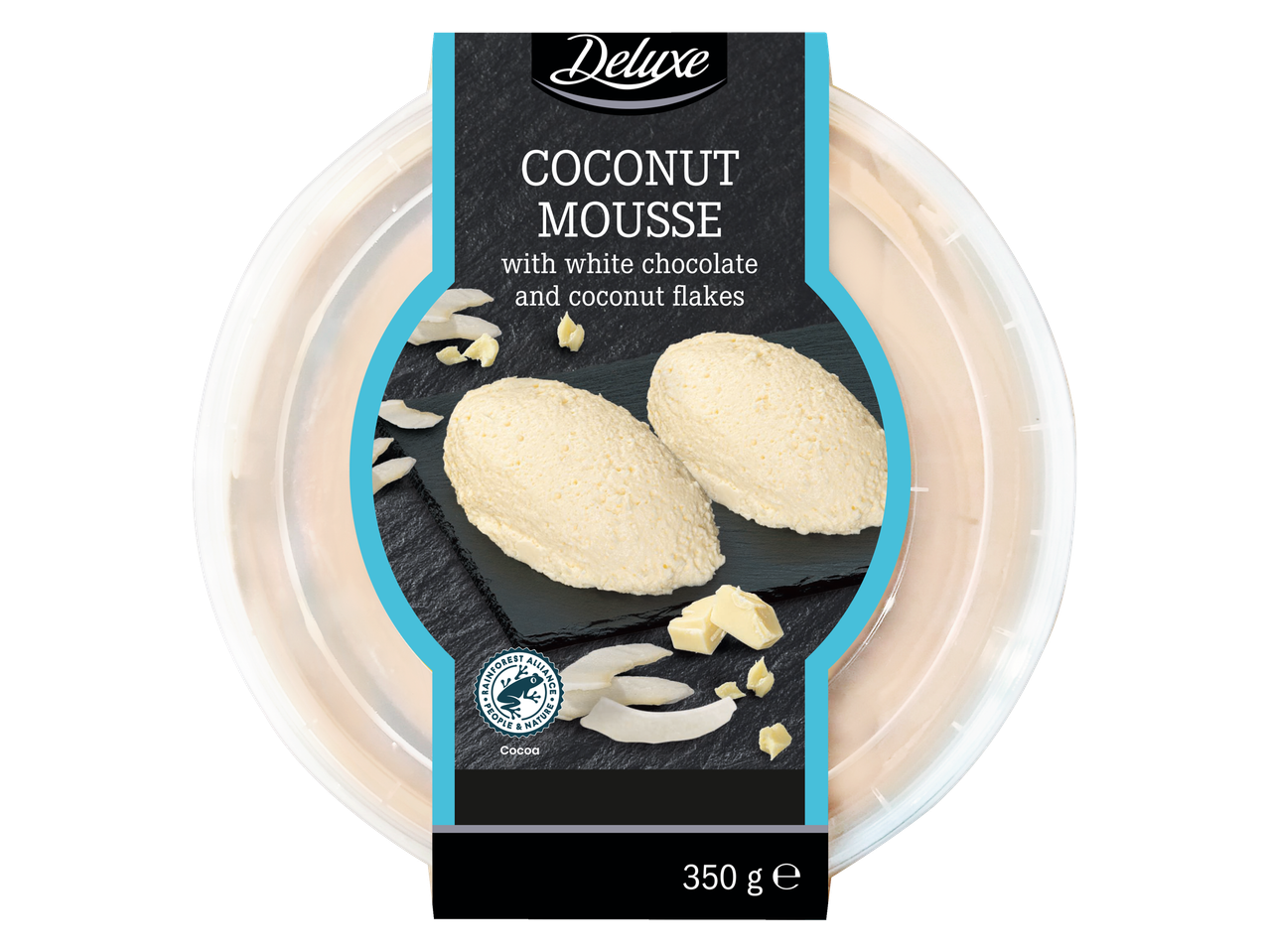 Deluxe kokosriekstu muss ar balto šokolādi un kokosriekstu skaidiņām, 350g