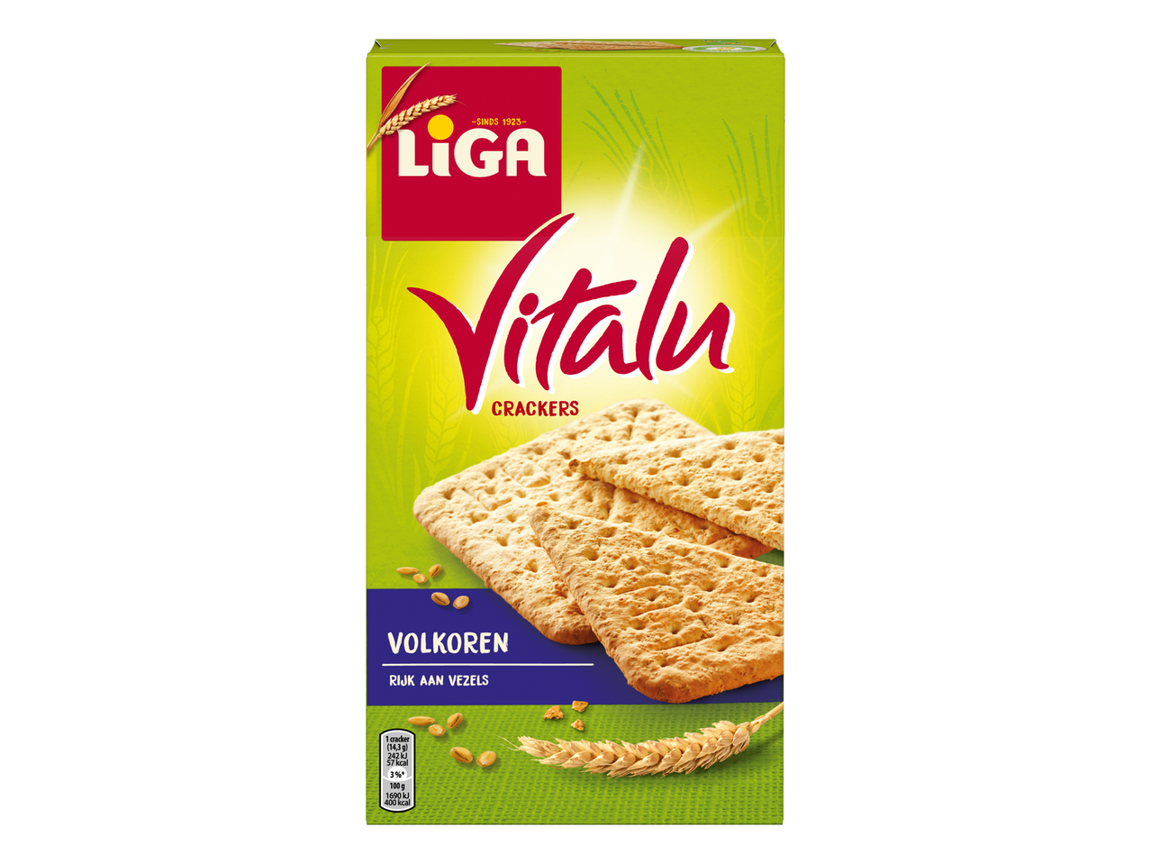 Een verpakking volkoren crackers met afbeeldingen van crackers en tarwe.