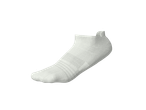 White ankle sock with textured patterns and a heel tab, on a black background.