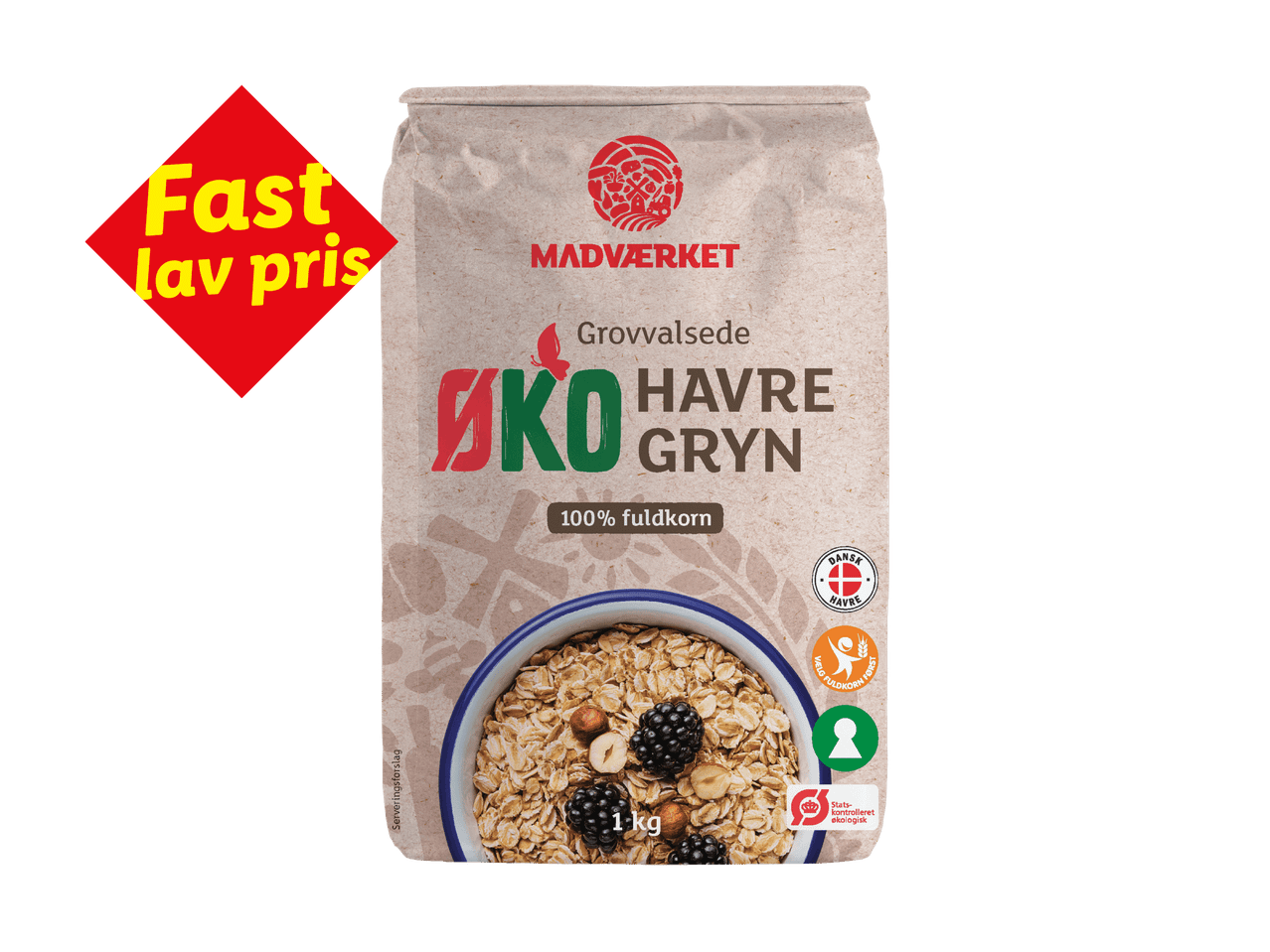 En pose grovvalsede havregryn med teksten 'Fast lav pris' og '100% fuldkorn'.