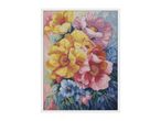 A vibrant cross-stitch pattern featuring a bouquet of yellow, pink, and blue flowers.
