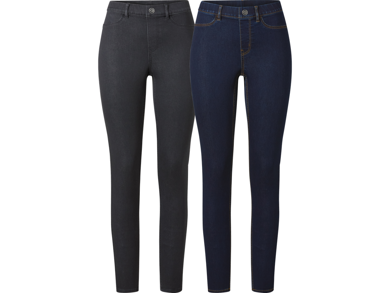 Två par stretchjeans i mörkgrå och mörkblå.