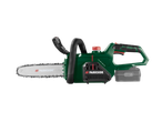 Green and black cordless chainsaw with a bar and chain, featuring a removable battery.